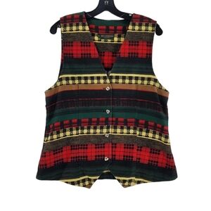 Vtg Hill Country Vest Womens 12 V Neck Plaid Multicolor Red Green USA Made 90s